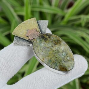 Handmade Rainforest Jasper Pendant: 925 Sterling Silver, 18K Gold & Rose Gold Plated