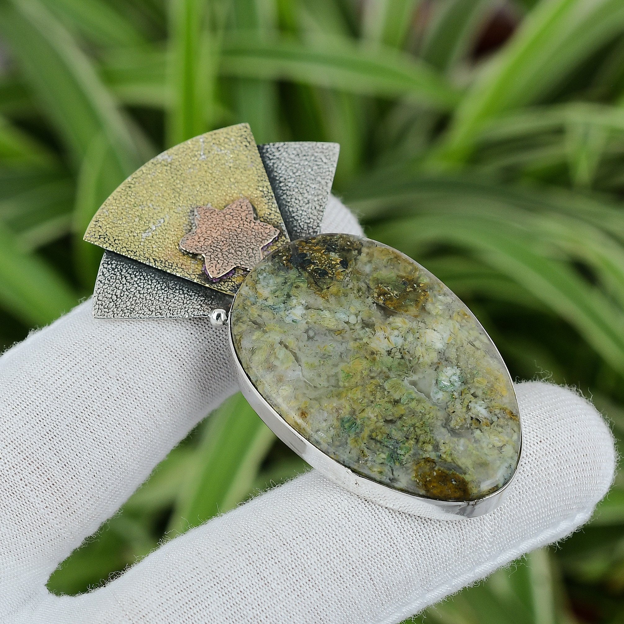 Handmade Rainforest Jasper Pendant: 925 Sterling Silver, 18k Gold & Rose Gold Plated