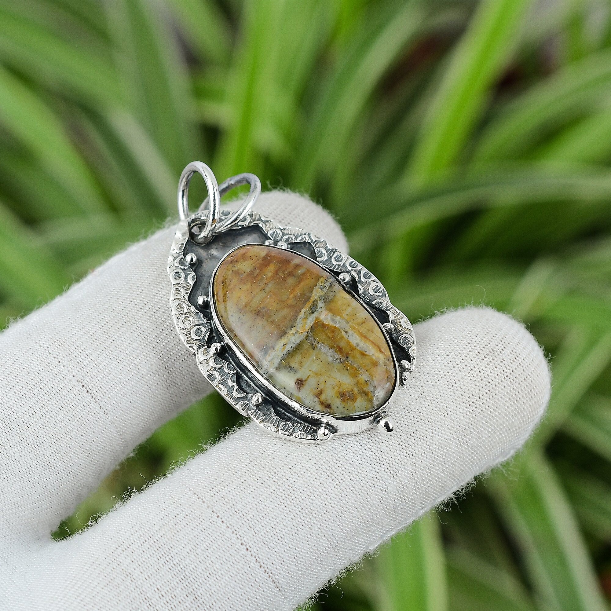 Handmade Rainforest Jasper Pendant: Oval Sterling Silver Gemstone Jewelry
