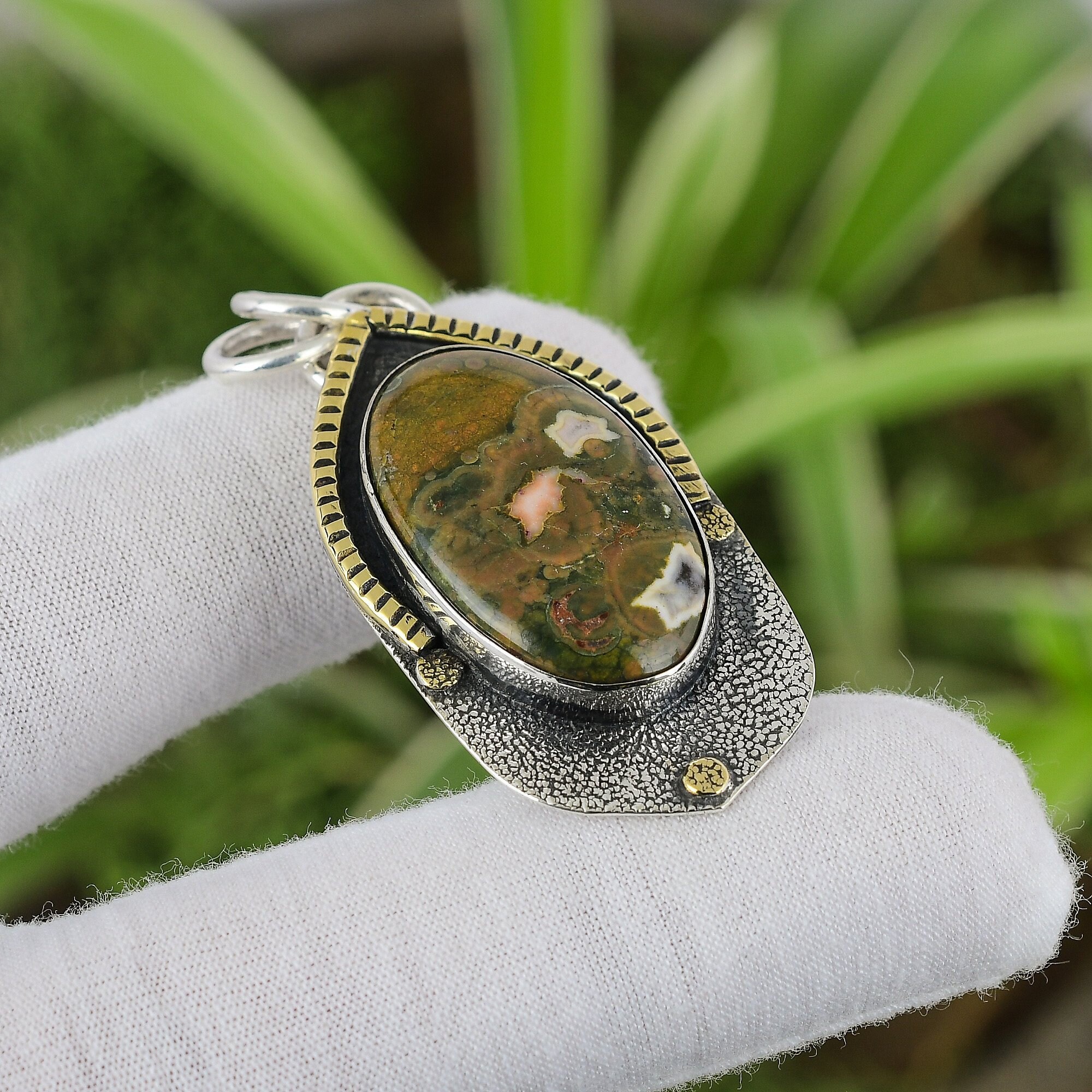 Handmade Rhyolite Pendant: 925 Sterling Silver, 18k Gold Plated