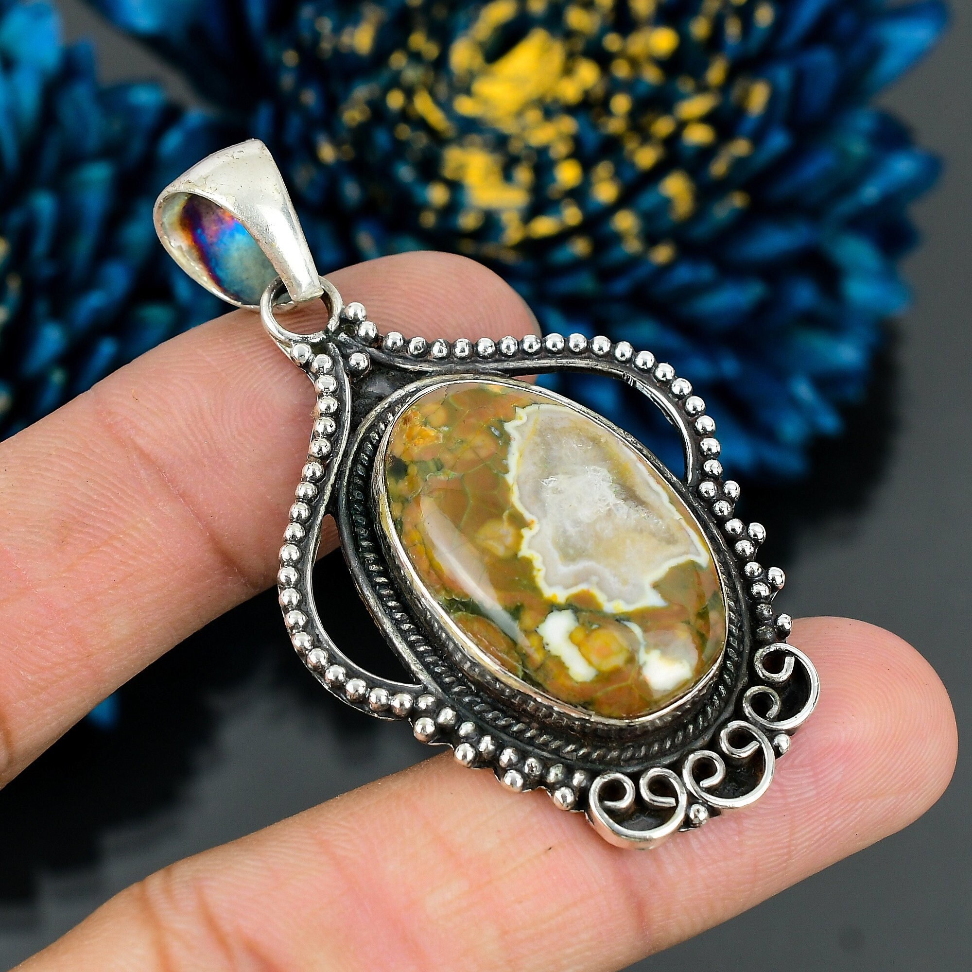 Handmade Rhyolite Pendant: 925 Sterling Silver Gemstone Jewelry Handmade Rhyolite Pendant: 925 Sterling Silver Gemstone Jewelry