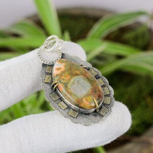 Handmade Rhyolite Pendant: 925 Sterling Silver, 18K Gold Plated