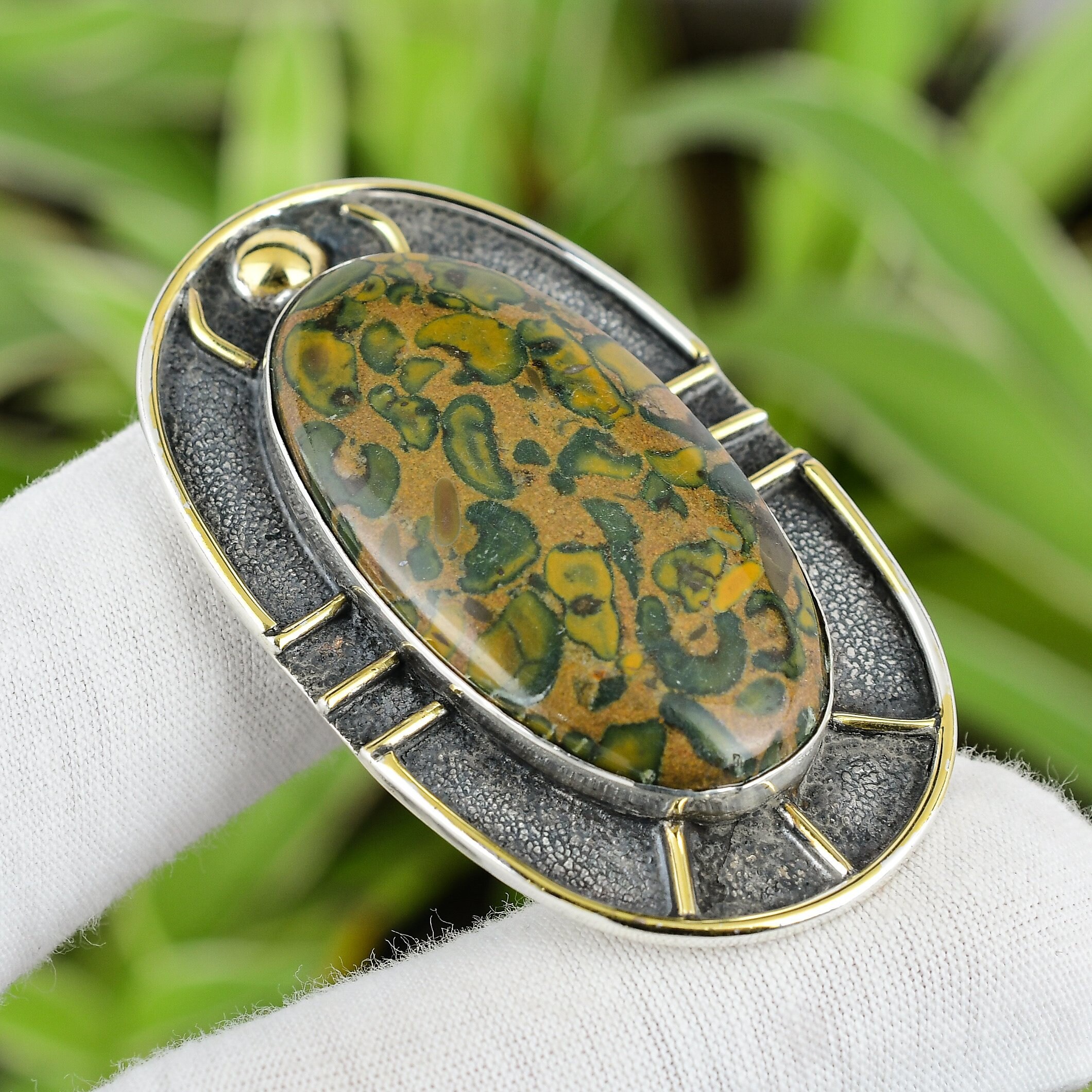 Handmade Rhyolite Pendant: 925 Sterling Silver, 18k Gold Plated