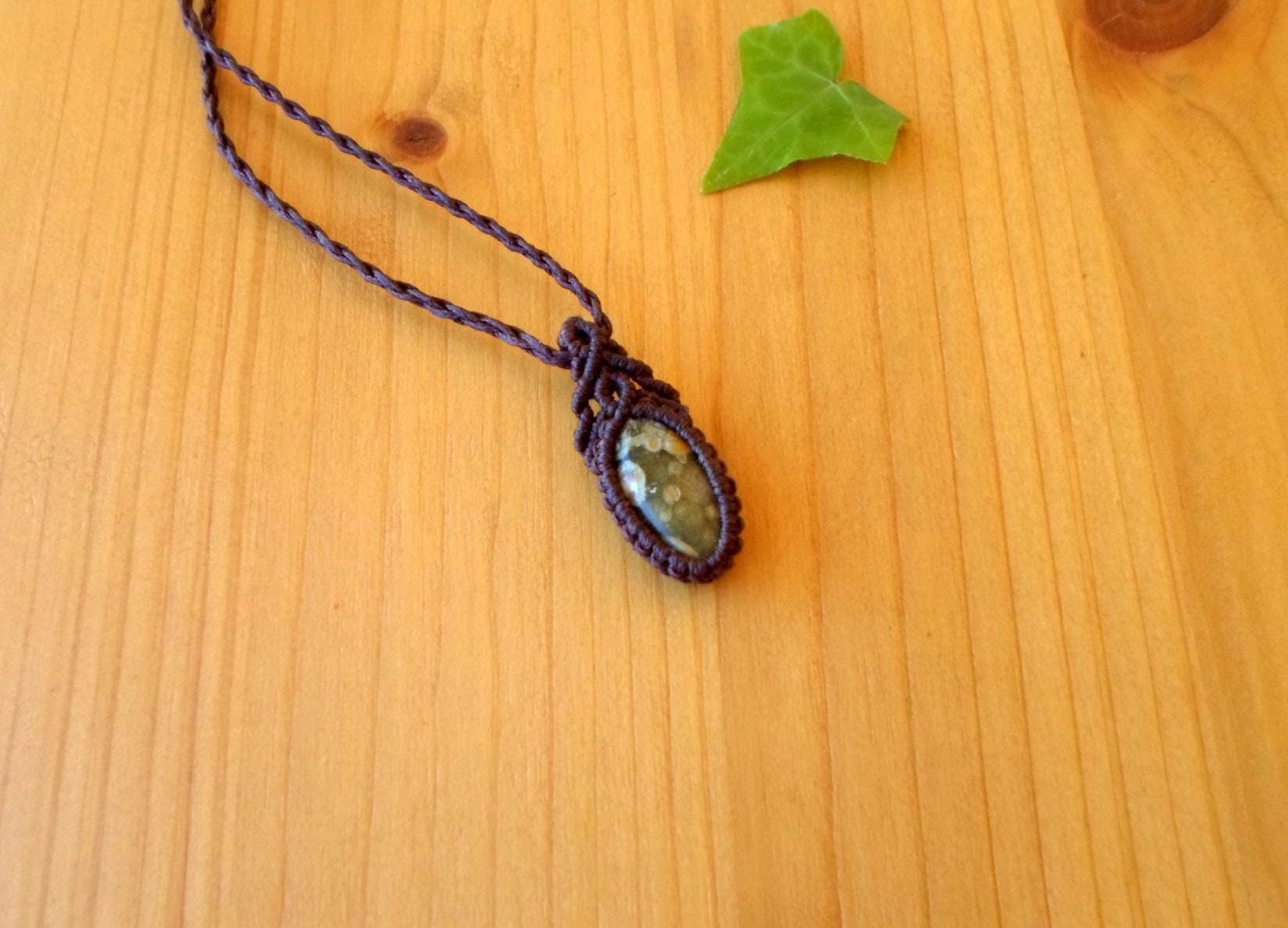 Macrame Pendant, Rhyolite Necklace, Macrame Jewelry, Rhyolite Pendant, Macrame Necklace, Rainforest Jasper, Hippie Pendant, Rhyolite Jewelry