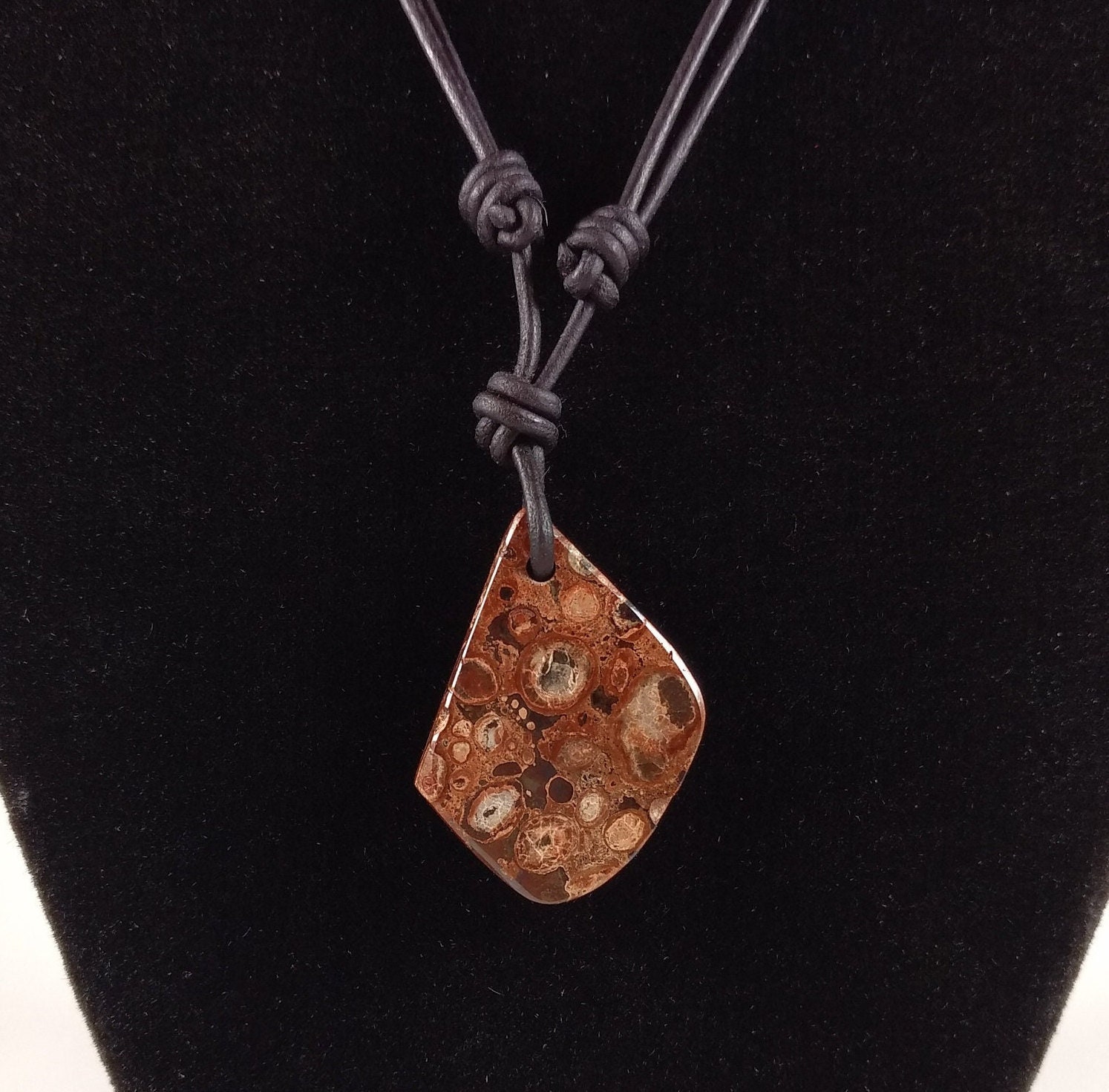 Orbicular Rhyolite Pendant Adjustable Leather Necklace Handmade By Chris Hay