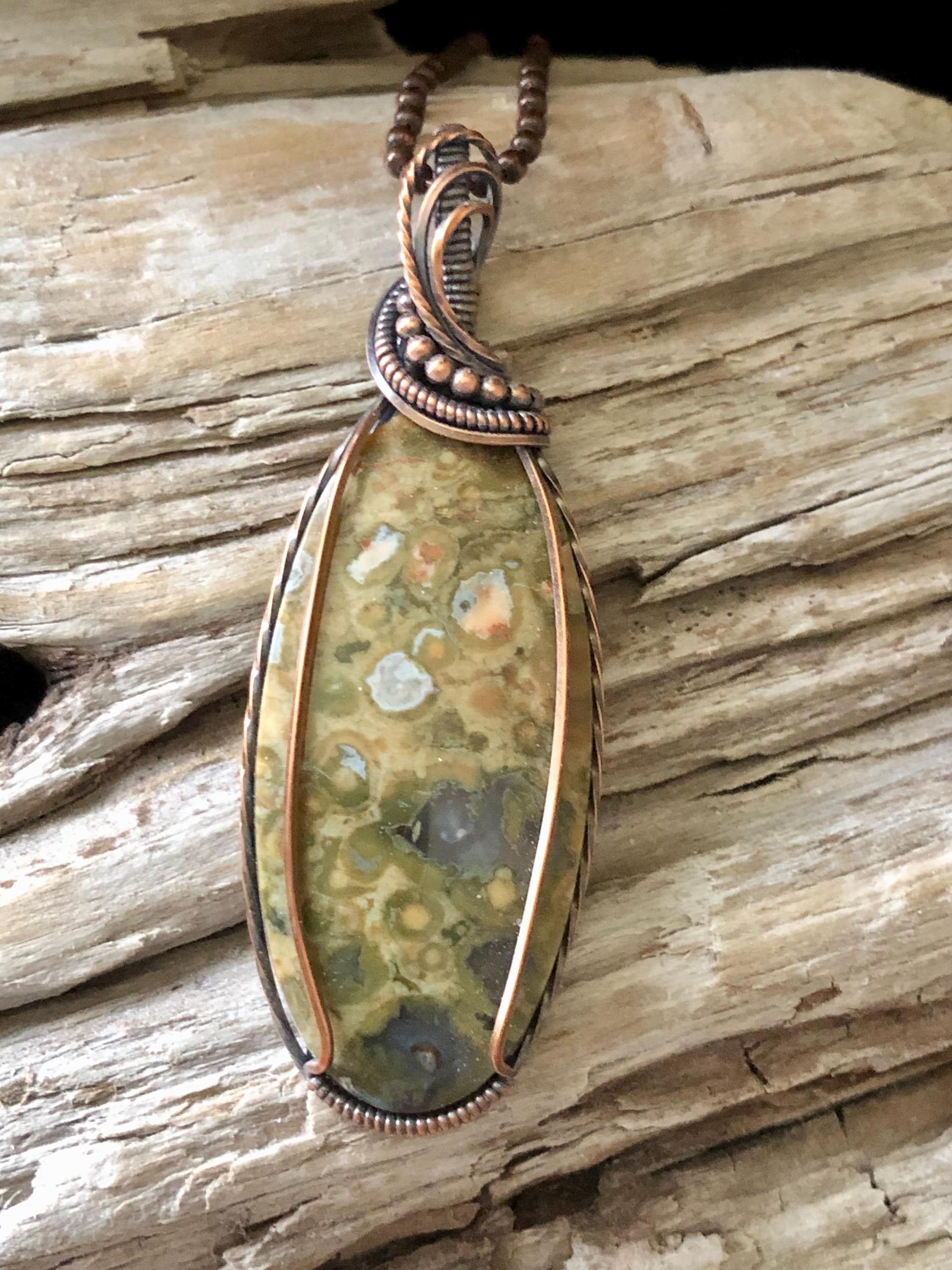 Rainforest Rhyolite And Copper Pendant Necklace,