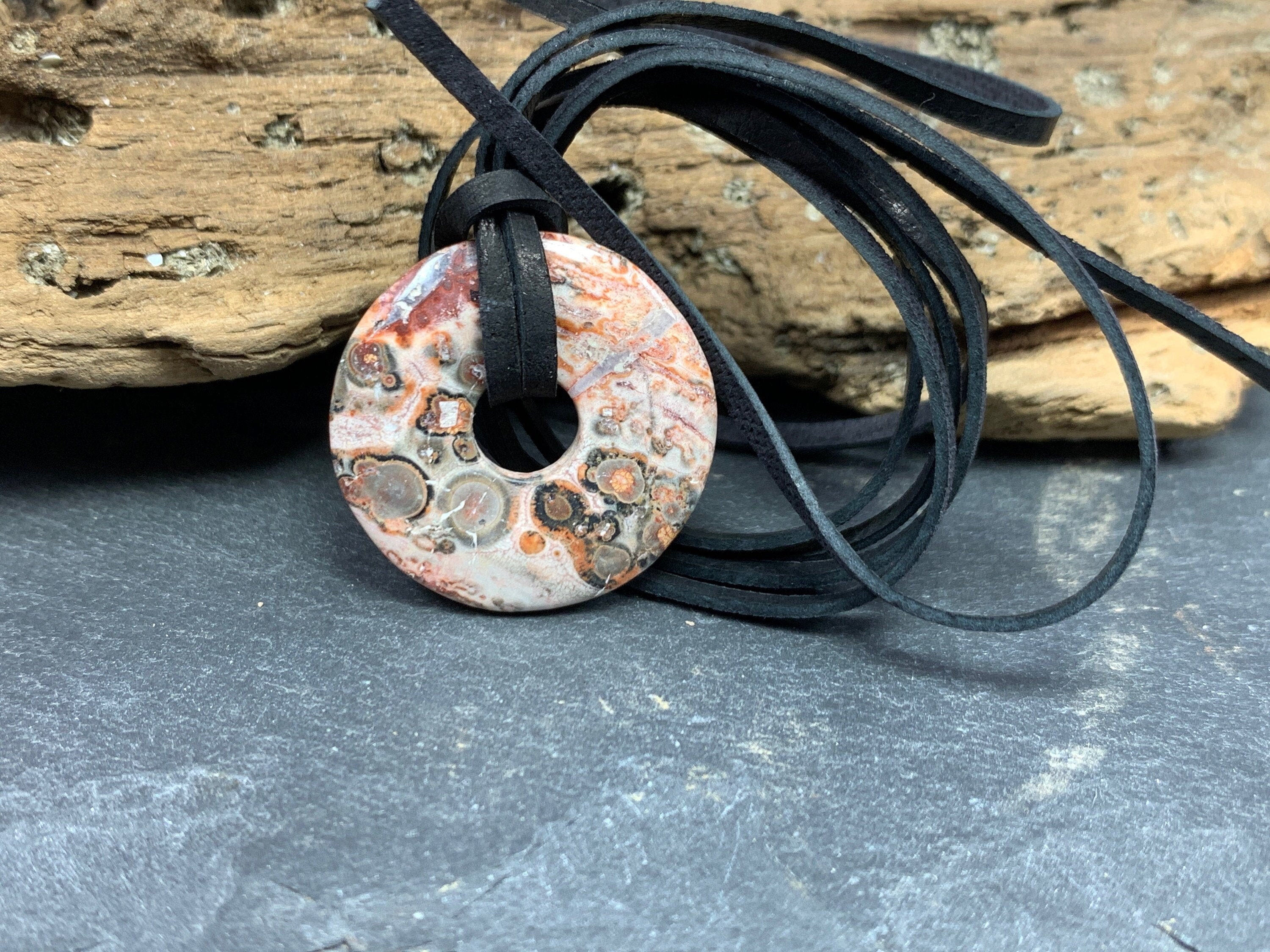 Rhyolite Donut Necklace: Healing Crystal Pendant (24mm, Leather Cord)
