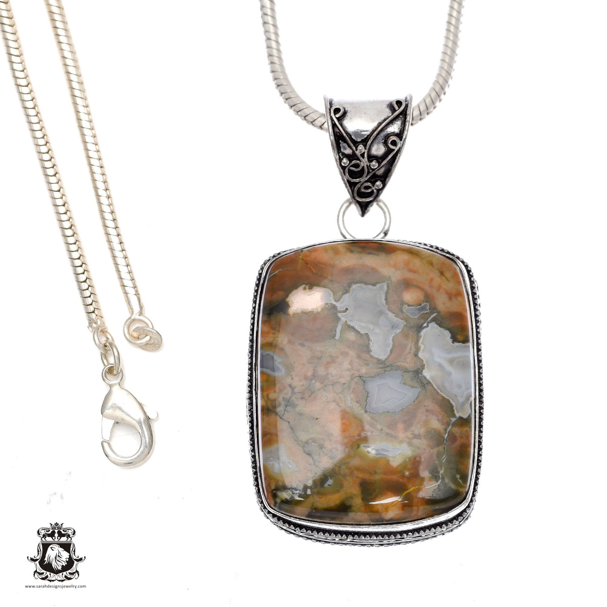 Rhyolite Rainforest Jasper Pendant & Free 2mm Italian 925 Sterling Silver Chainv497