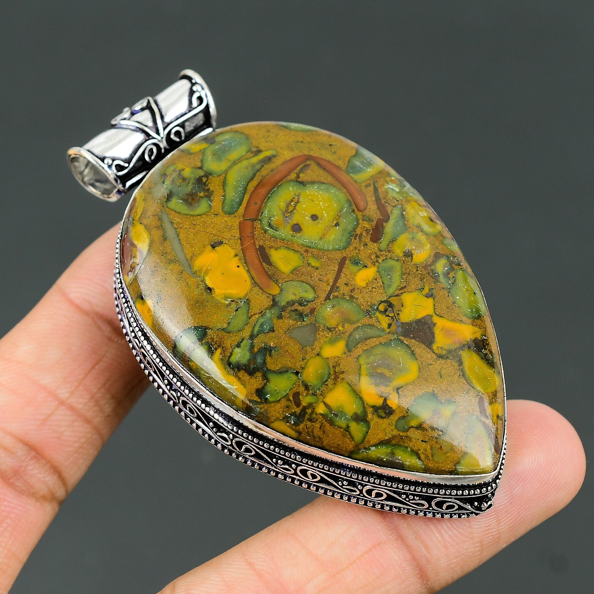 Vintage Pear Rhyolite Pendant: 925 Sterling Silver Gemstone Jewelry