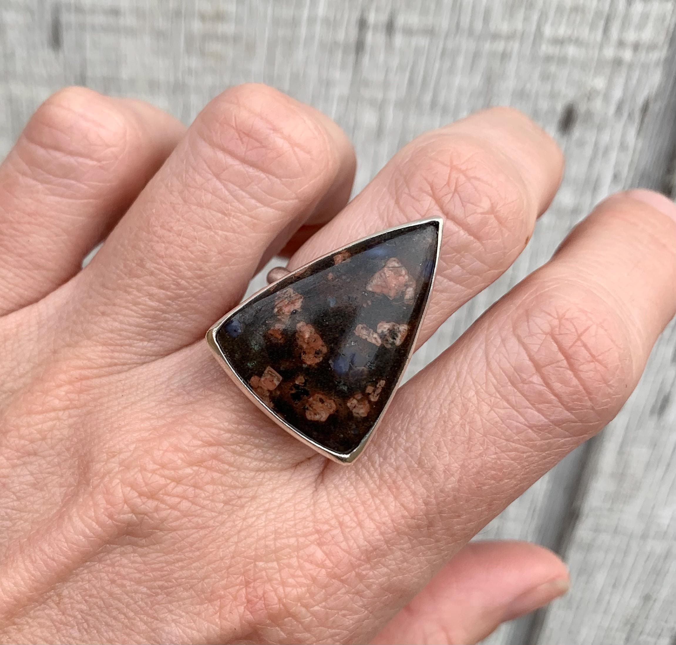 Rare Large Triangle Brown Pink Blue Rhyolite Sterling Silver Statement Ring | Geometric Statement Ring | One Of A Kind Brown Stone Ring