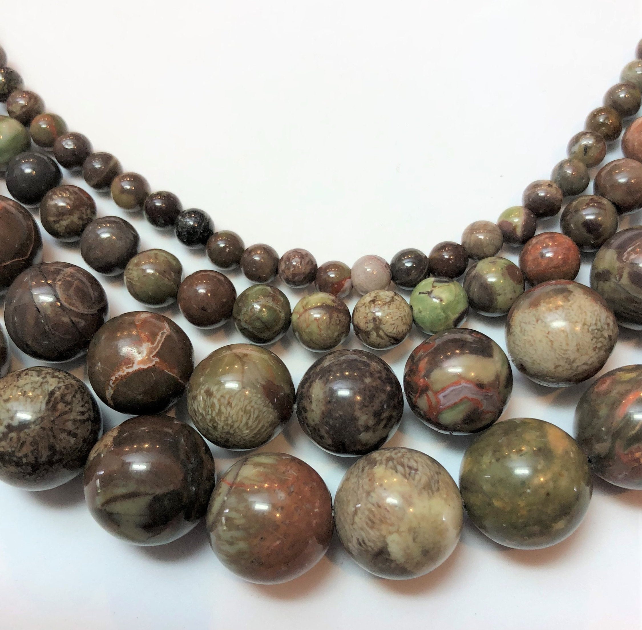 Dark Green Rain Forest Jasper Gemstone Beads. Full 15" Strand Of Round Aa/aaa Grade Beads. Dark Green Rhyolite With Orange.