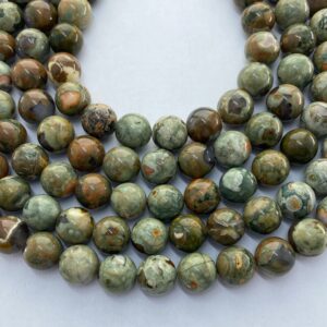 Green Rhyolite Gemstone Beads. 12mm round beads on 15 inch strand. Full strand of AAA Grade beads, about 32 per strand. Rainforest Stone Green Rhyolite Gemstone Beads. 12mm round beads on 15 inch strand. Full strand of AAA Grade beads, about 32 per strand. Rainforest Stone