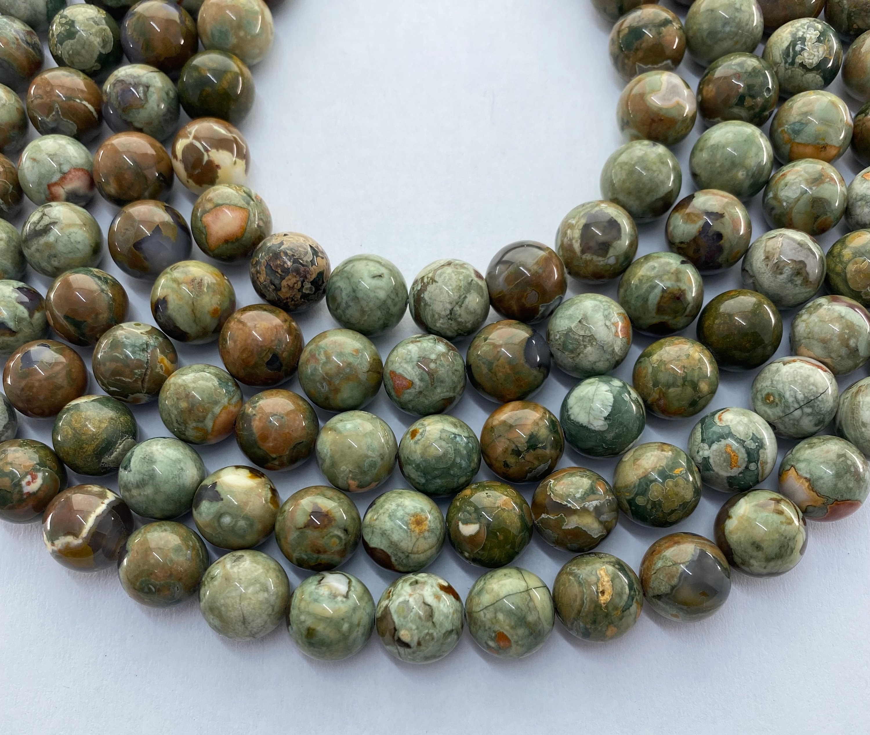 Green Rhyolite Gemstone Beads. 12mm Round Beads On 15 Inch Strand. Full Strand Of Aaa Grade Beads, About 32 Per Strand. Rainforest Stone
