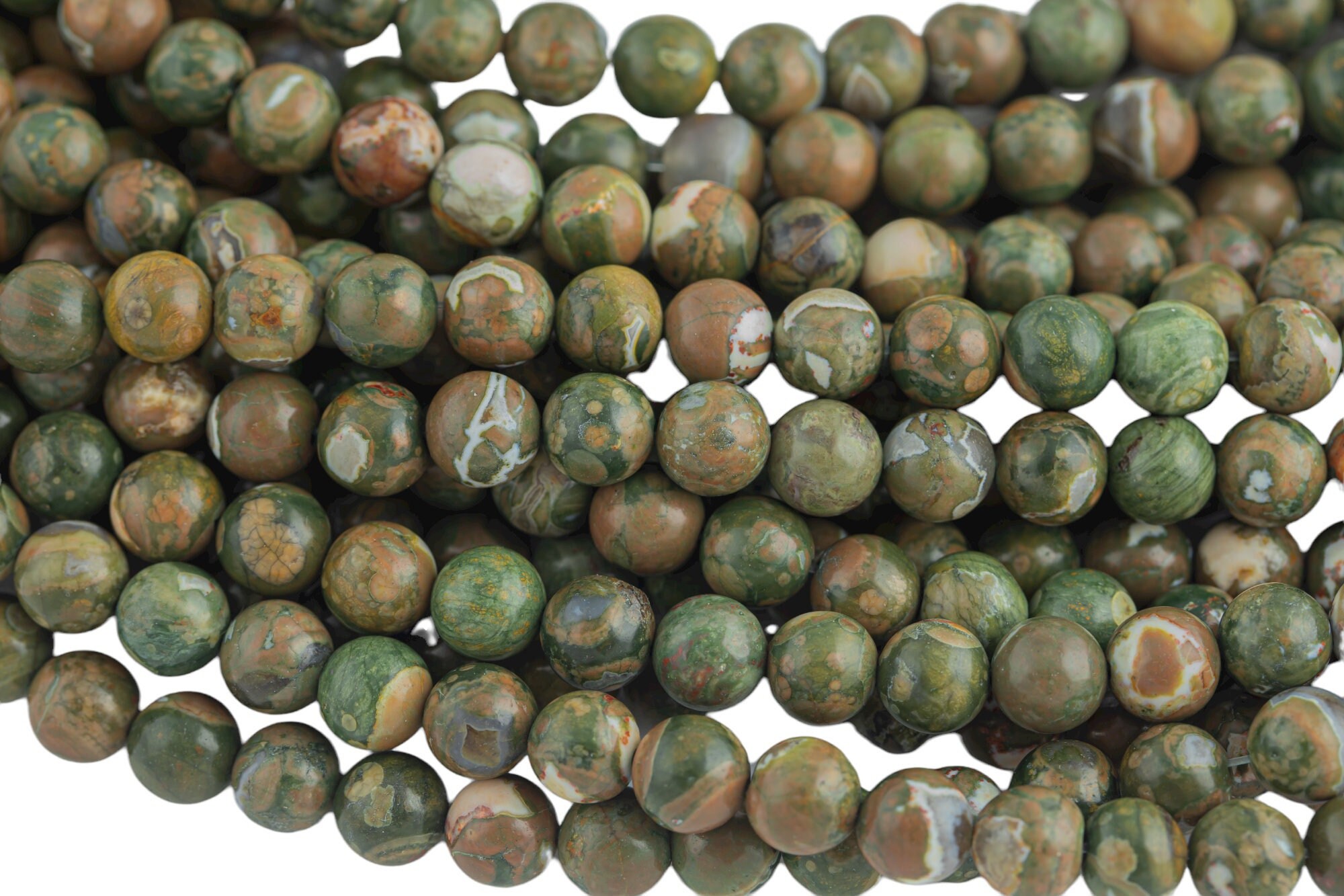 Natural Dark Rhyolite Rain Forest Jasper Rhyolite Round Full Strand 6mm, 8mm, 10mm, 12mm, 14mm, 16mm, 18mm, 20mm- Full 15.5 Inch Strand
