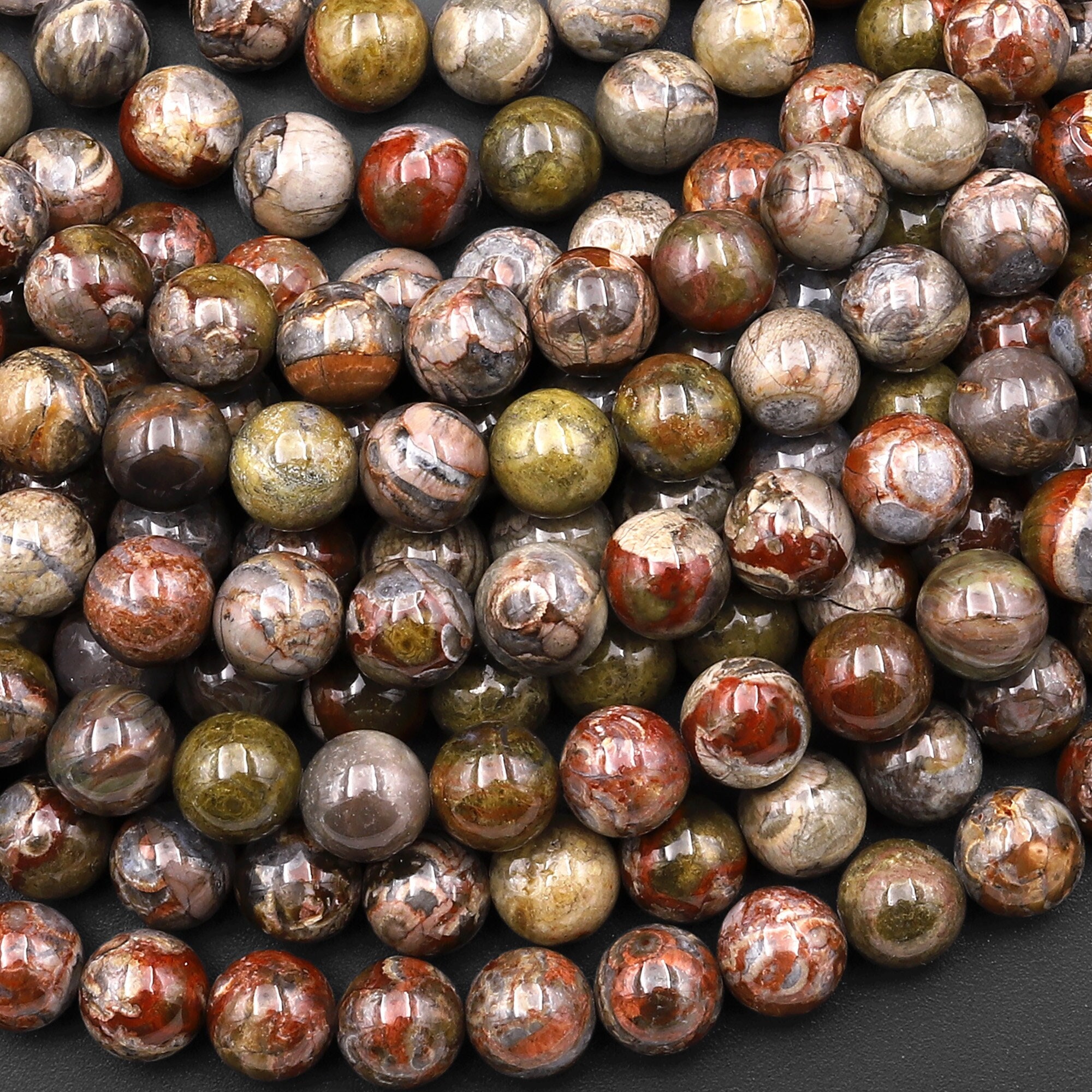 Natural Mushroom Jasper Rhyolite Smooth Round Beads 8mm From Arizona 15.5" Strand