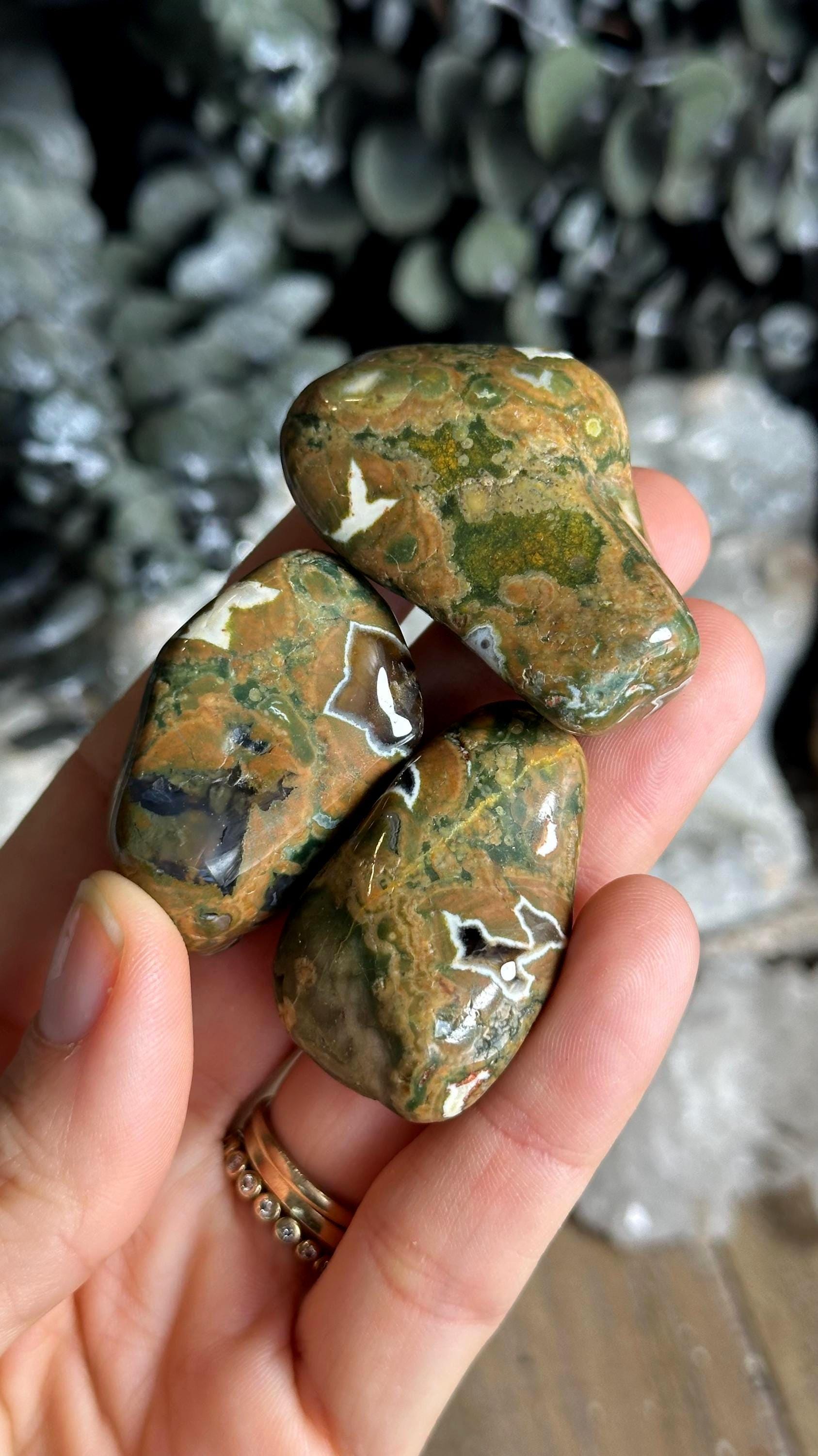 Tumbled Rhyolite Stone: Rainforest Jasper, Large Tumble Tumbled Rhyolite Stone: Rainforest Jasper, Large Tumble