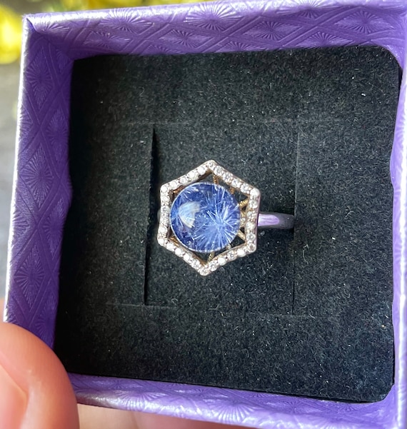 Rare! 5mm Blue Dumortierite Quartz Sphere Engagement Ring Size 7/silver Inlay/zircon Accented/hexagon Shape/rare Find/unique Jewelry Rare! 5mm Blue Dumortierite Quartz Sphere Engagement Ring Size 7/silver Inlay/zircon Accented/hexagon Shape/rare Find/unique Jewelry