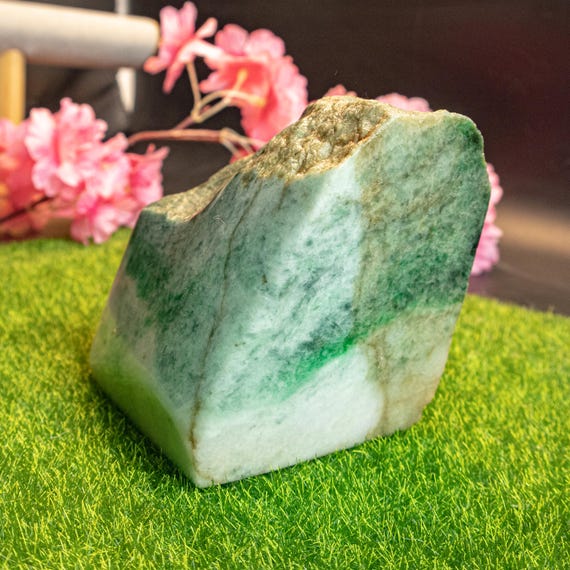 Rare 88mm. Natural Triangular Burmese Jadeite Jade Stone – Grade A Raw Cut With Green Vein | Feng Shui Energy Display, Stone Luck, Gemstone