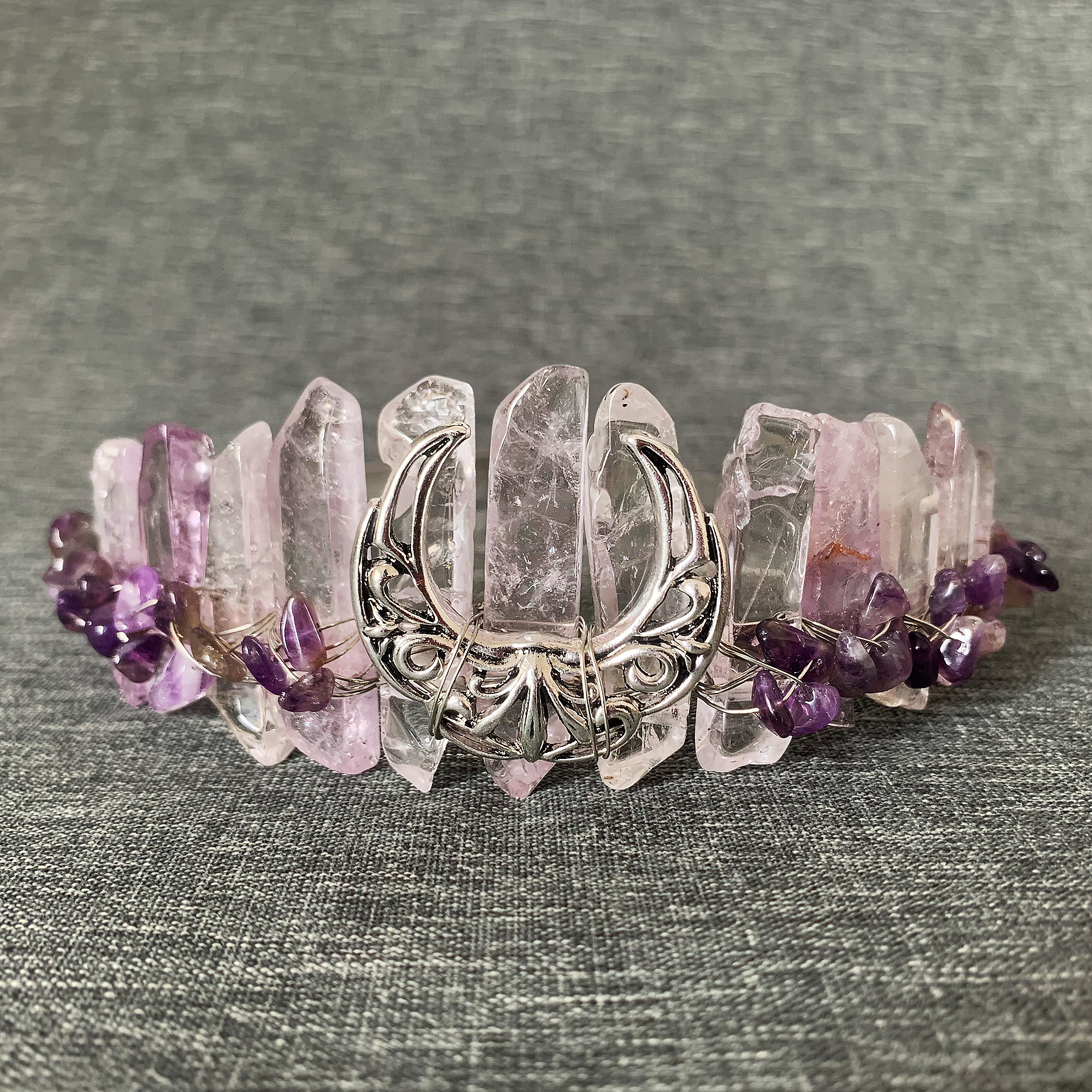 Raw Crystal Crown With Hollow Moon And Black Base-handmade Quartz Tiara For Witch Cosplay,pagan Bride,gothic Festival,halloween Costume Look Raw Crystal Crown With Hollow Moon And Black Base-handmade Quartz Tiara For Witch Cosplay,pagan Bride,gothic Festival,halloween Costume Look