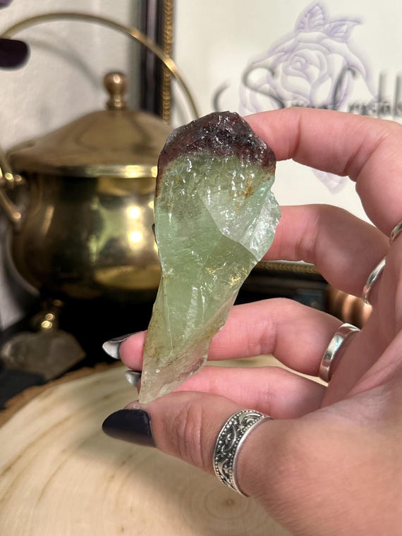 Raw Green Calcite Wand With Hematite Inclusions | Red Capped Green Calcite | Mexico