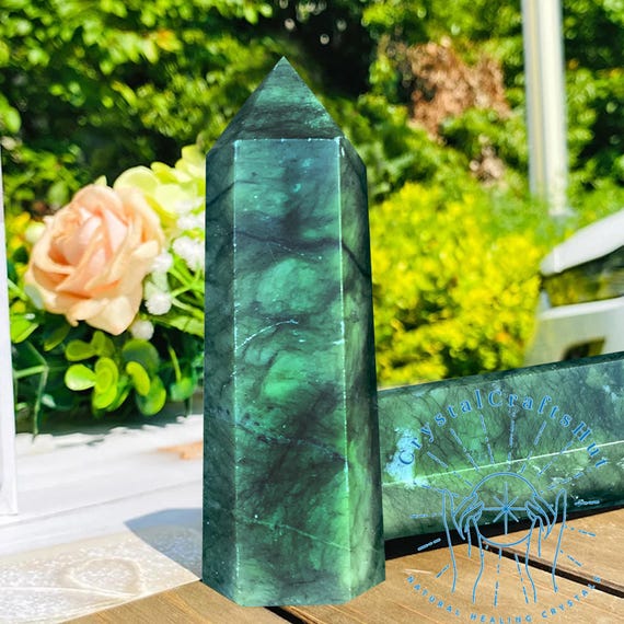Raw Green Jade Tower Obelisk - Natural Green Jade Gemstone Point Wand - Raw Rock Green Jade Crystal Obelisk Collection +gift Pouch