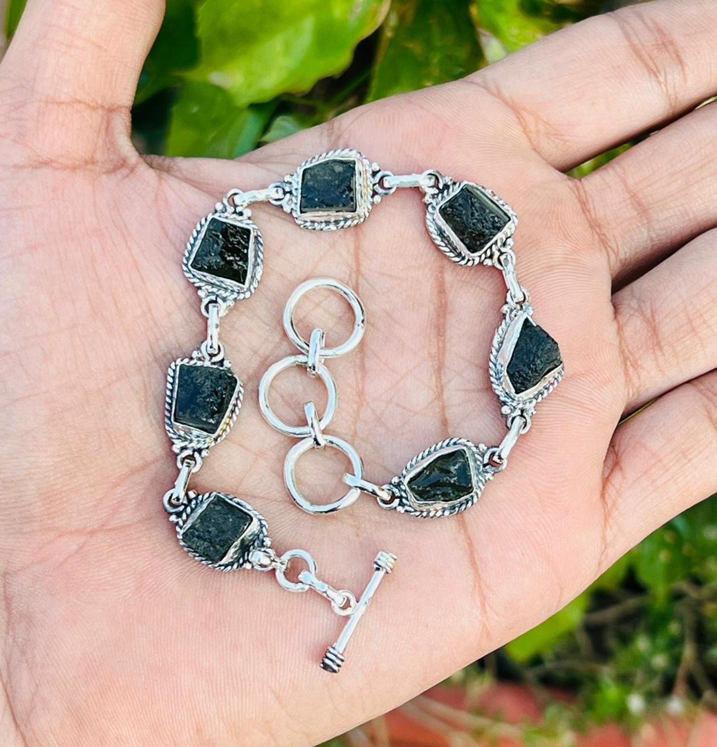 Raw Moldavite Bracelet, 925 Sterling Silver, Bohemia Jewelry, Women Bracelet