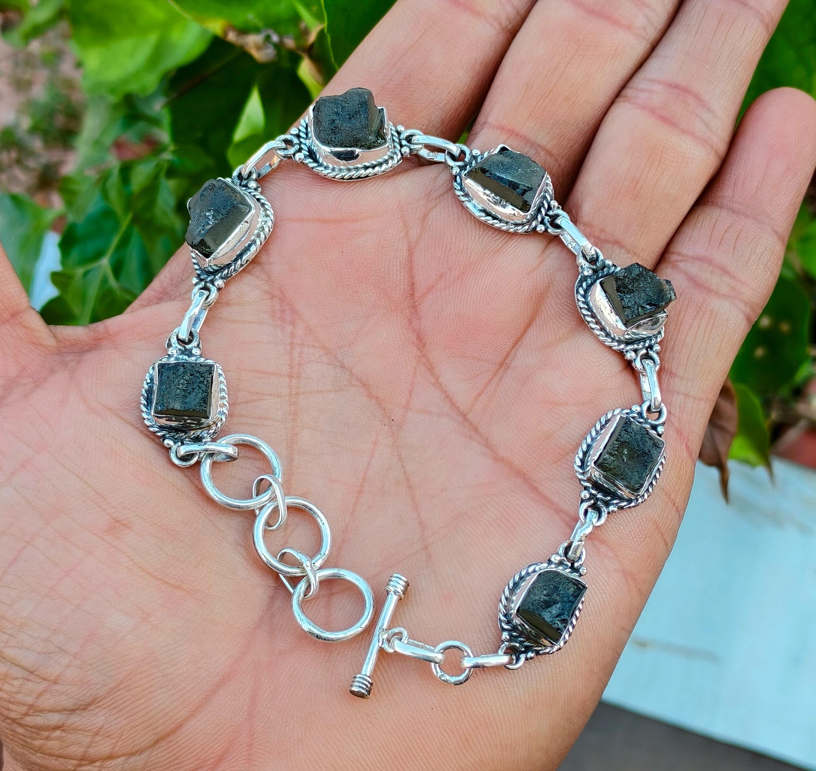 Raw Moldavite Bracelet, 925 Sterling Silver, Adjustable Handmade Bracelet, Designer Jewelry, Gift For Love
