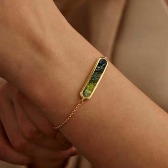 Raw Moldavite Bracelet: Sterling Silver, Czech Meteorite Gemstone