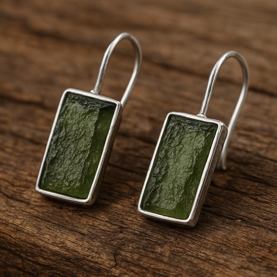 Raw Moldavite Dangle Earrings, 925 Sterling Silver Finish, Handmade Gemstone Crystal Jewelry