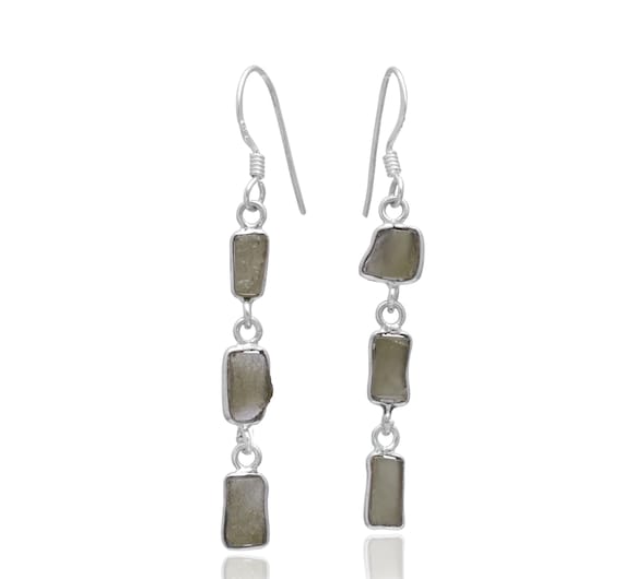 Raw Moldavite Earrings, 925 Sterling Silver, Czech Stone, Rough Stone Dangle Jewelry