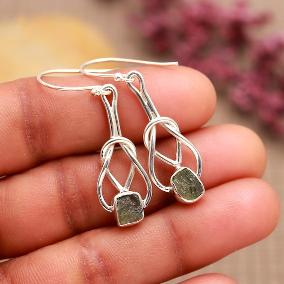 Raw Moldavite Earrings: Handmade 925 Sterling Silver Dangle Earrings