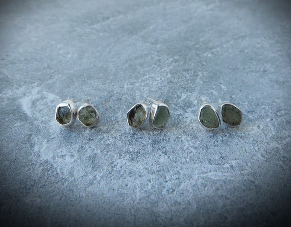 Raw Moldavite Earrings: Sterling Silver Tektite Dangle Earrings