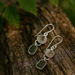 Raw Moldavite & Herkimer Diamond Earrings, 925 Sterling Silver Finish Dangle Drop Earring