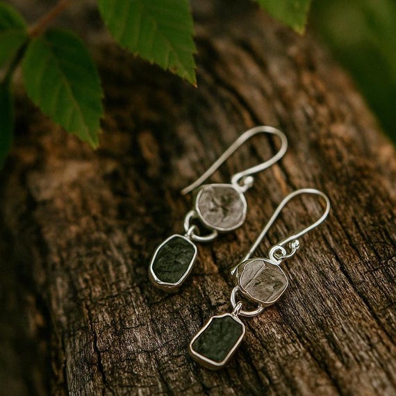 Raw Moldavite & Herkimer Diamond Earrings, 925 Sterling Silver Finish Dangle Drop Earring