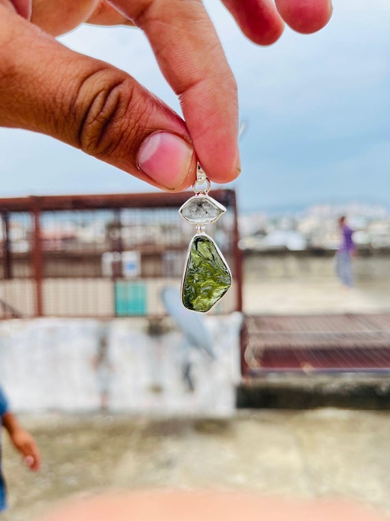 Raw Moldavite Necklace: Czech Green Gemstone Pendant, Sterling Silver