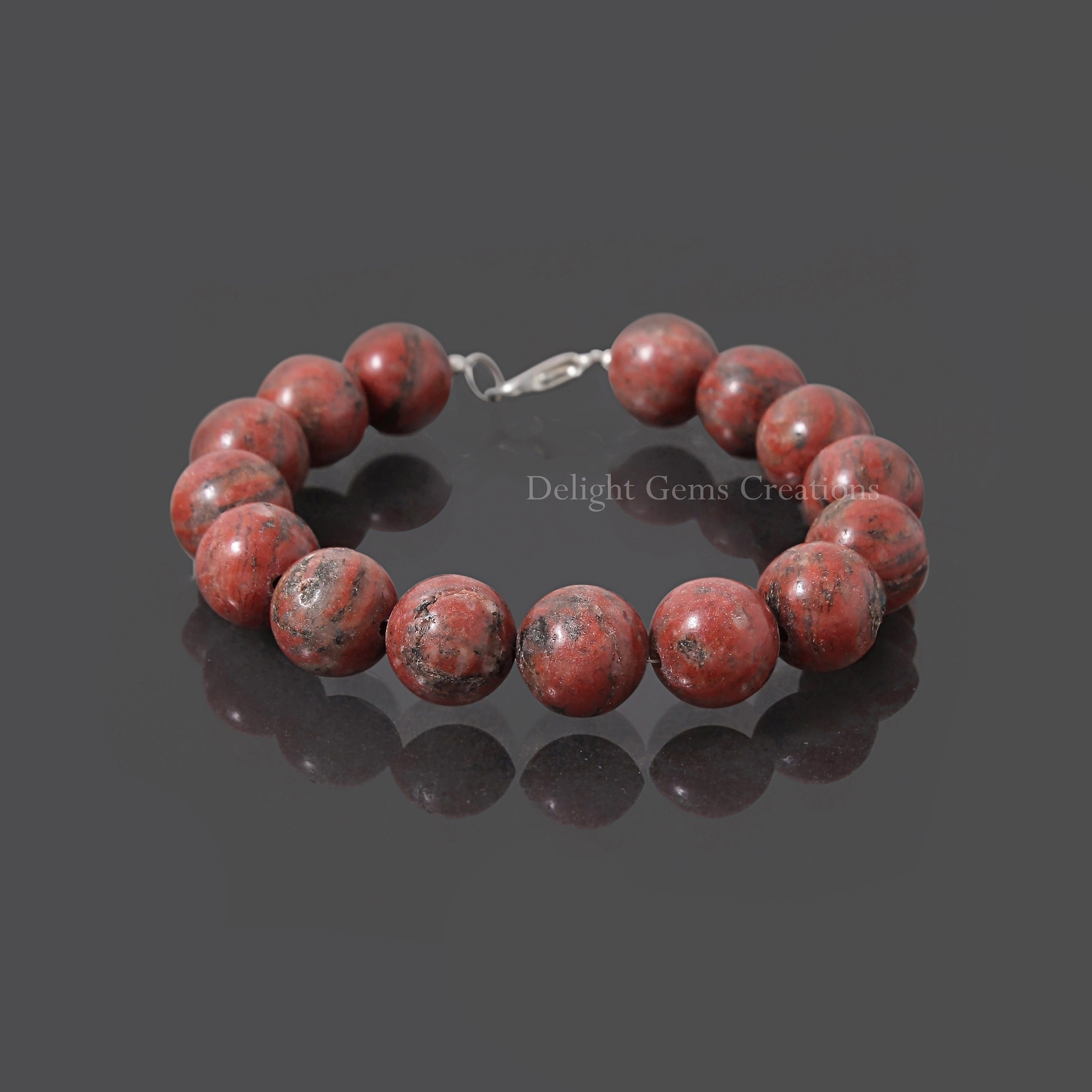 13mm Red Jasper Beaded Bracelet For Protection, Grounding, And Vitality,red Jasper Smooth Round Beads Bracelet With 925 Silver Lobster Clasp