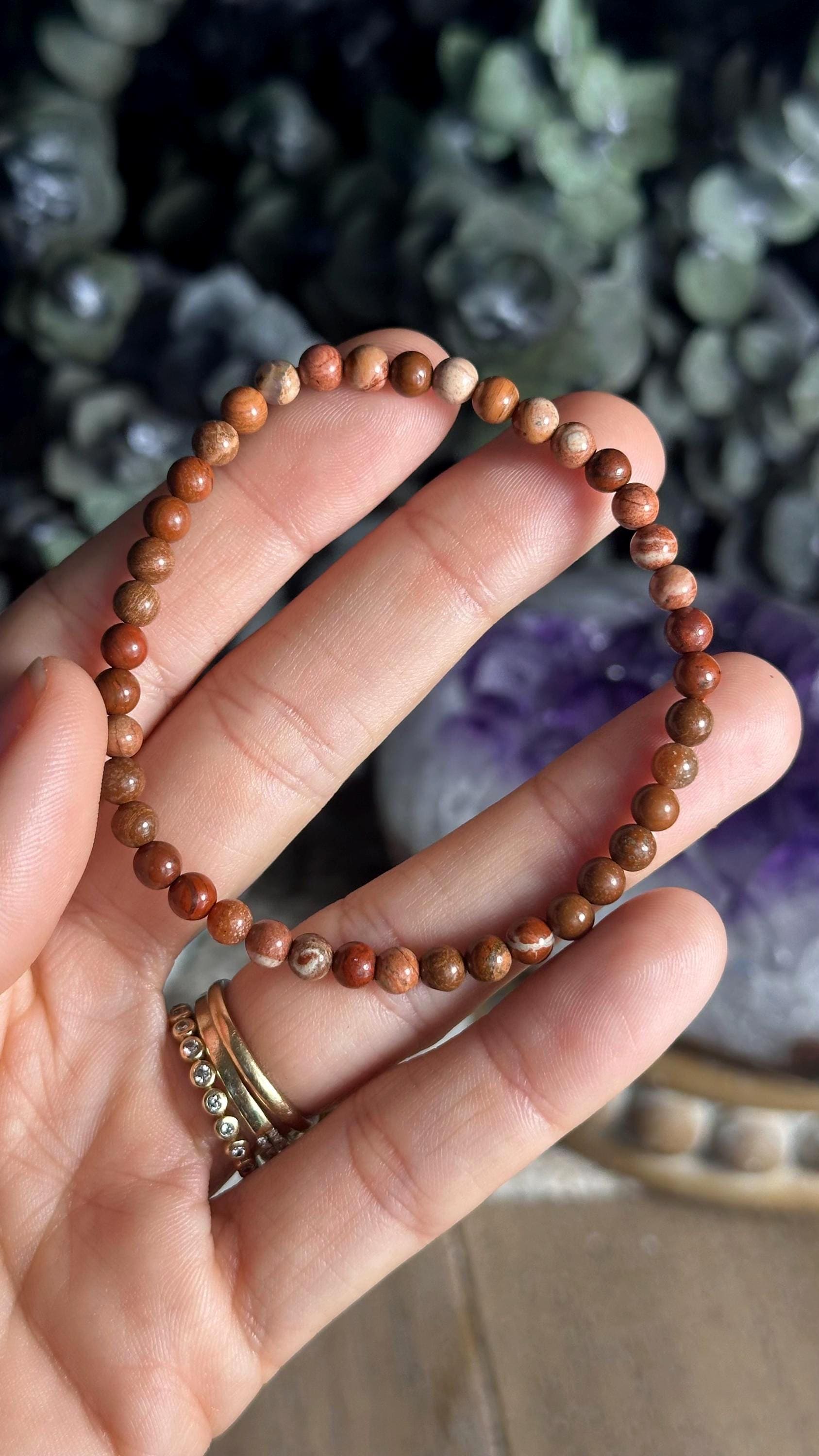 4mm Red Jasper Bracelet: Crystal Beaded Boho Stretch Bracelet