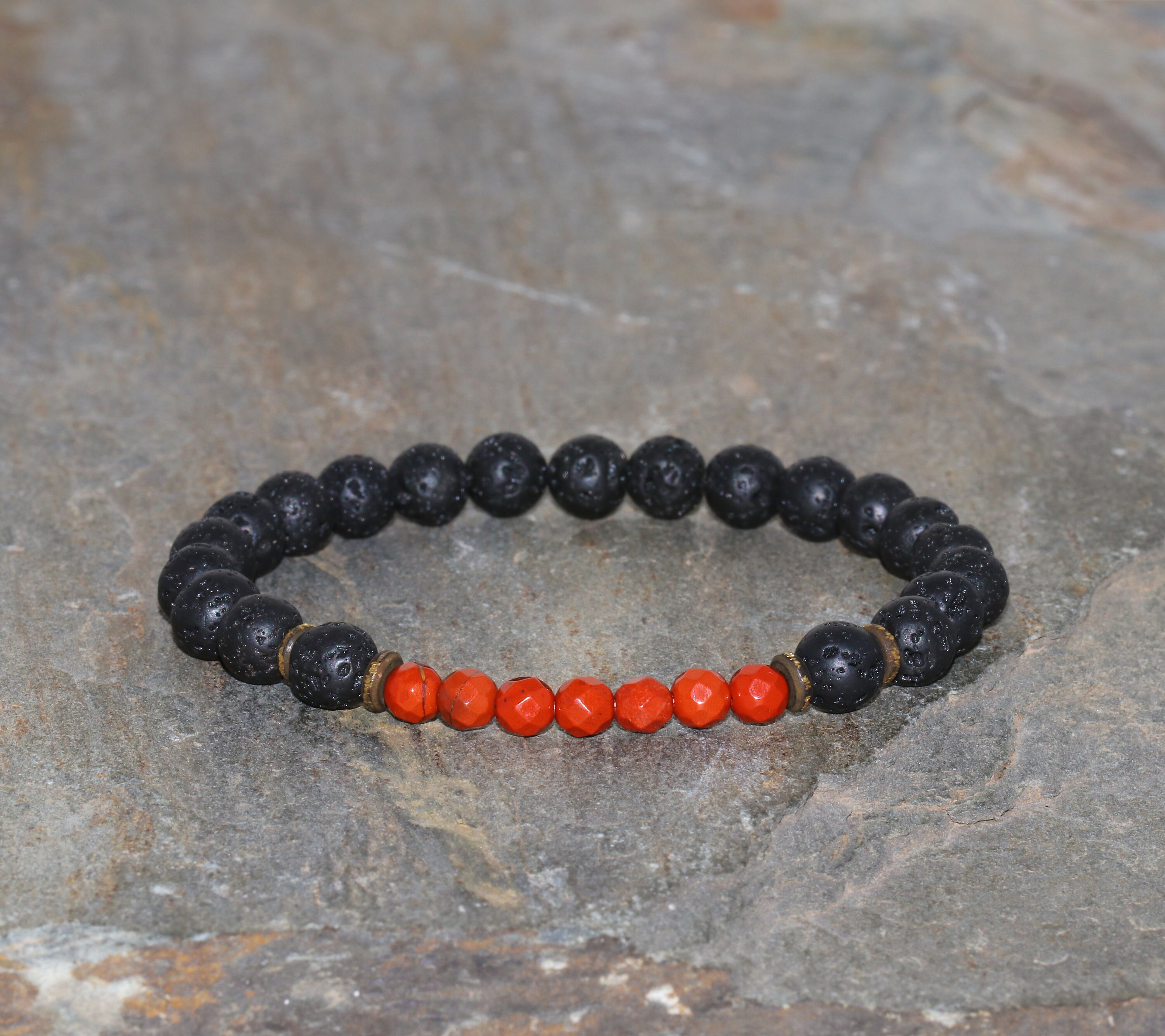 Red Jasper And Lava Stone Beaded Bracelet 6mm Black Volcanic Rock And 4mm Faceted Red Jasper Beads Bronze Spacers Gemstone Bracelet Unisex