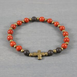 Anglican rosary stretch bracelet in red jasper, ebony blackwood, and a bronze cross