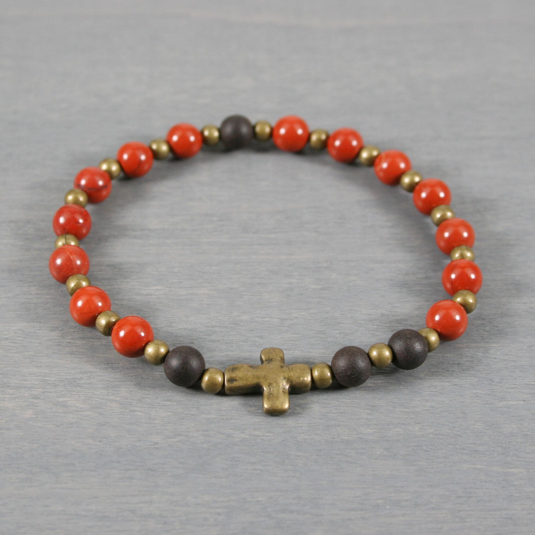Anglican Rosary Stretch Bracelet In Red Jasper, Ebony Blackwood, And A Bronze Cross