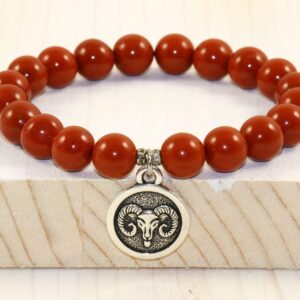 Aries Zodiac Bracelet: Red Jasper Gemstone, Sterling Silver Charm