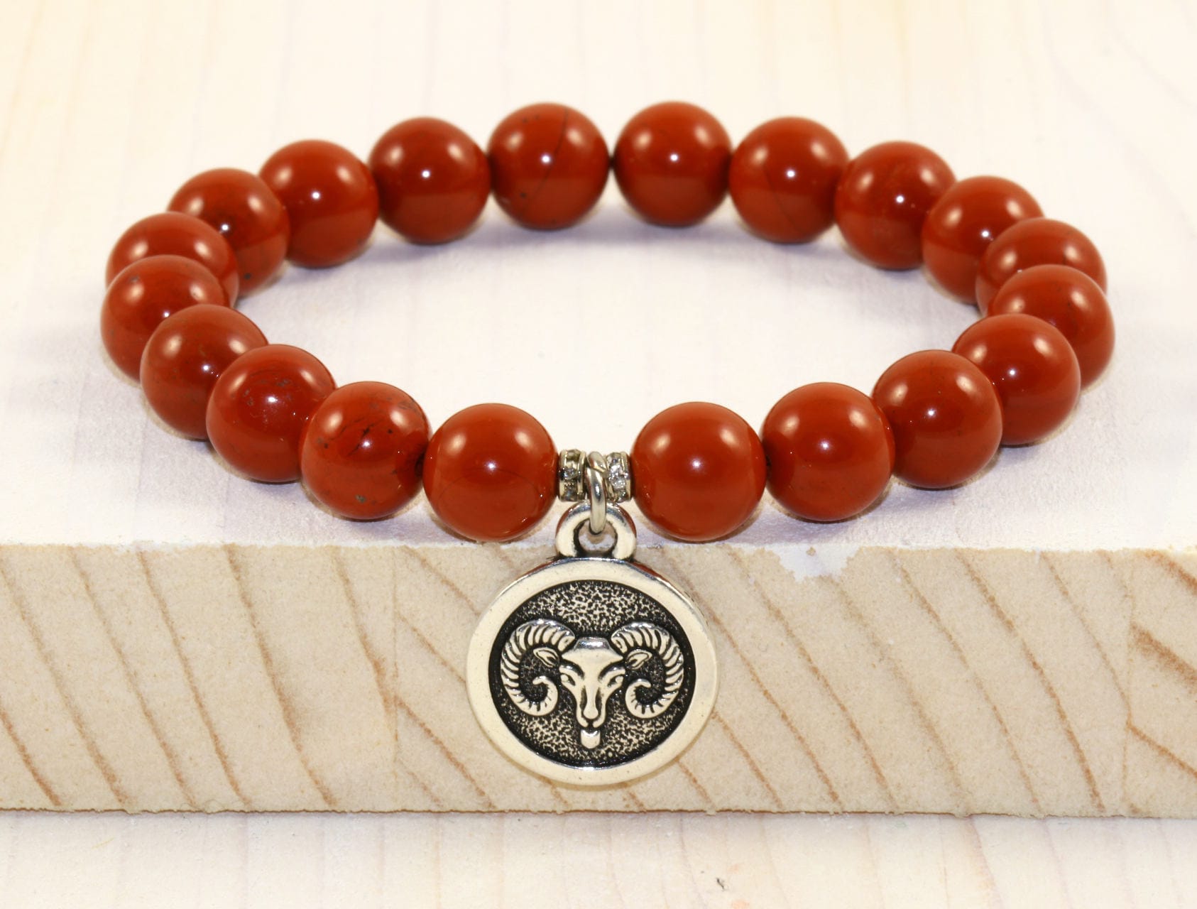 Aries Zodiac Bracelet: Red Jasper Gemstone, Sterling Silver Charm
