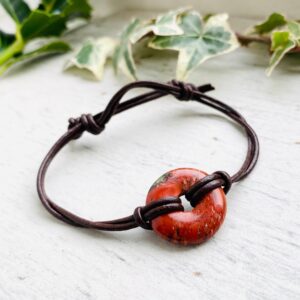 Red Jasper bracelet for men , Grounding gift, stone and leather, rustic boyfriend bracelet, chakra bracelet. Rustic gift for dad.
