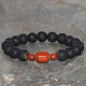 Red Jasper & Lava Stone Beaded Bracelet 10mm Black Volcanic Rock 10x10mm Cuboid Red Jasper Bead With 6mm Red Jasper Brass Gemstone Bracelet