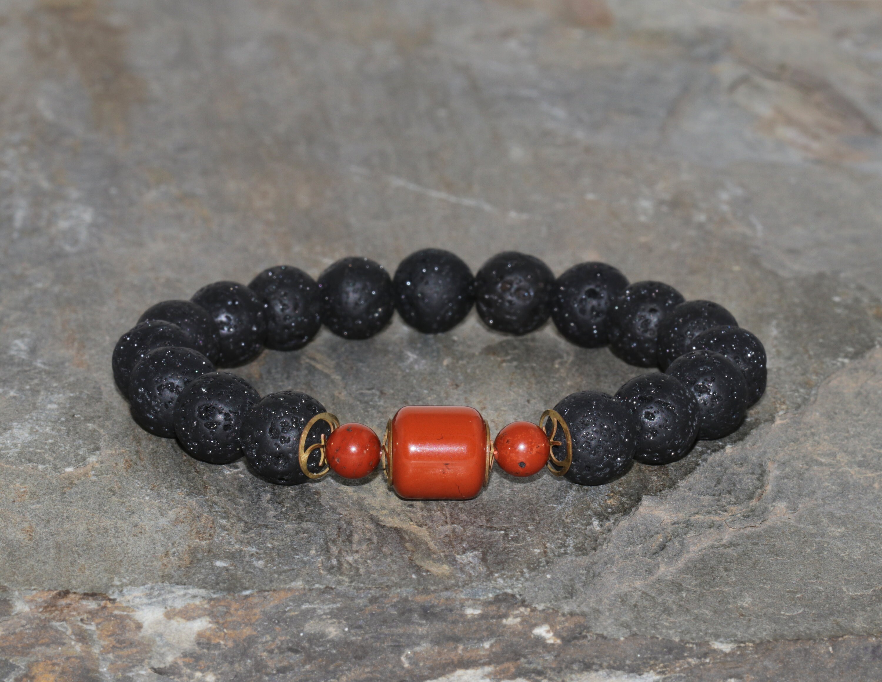 Red Jasper & Lava Stone Beaded Bracelet 10mm Black Volcanic Rock 10x10mm Cuboid Red Jasper Bead With 6mm Red Jasper Brass Gemstone Bracelet