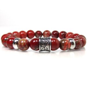 Red Jasper Mens Bracelet with Stainless Steel, Gift for Men, Natural Gemstone Bracelet for Men, Mens Beaded Bracelet