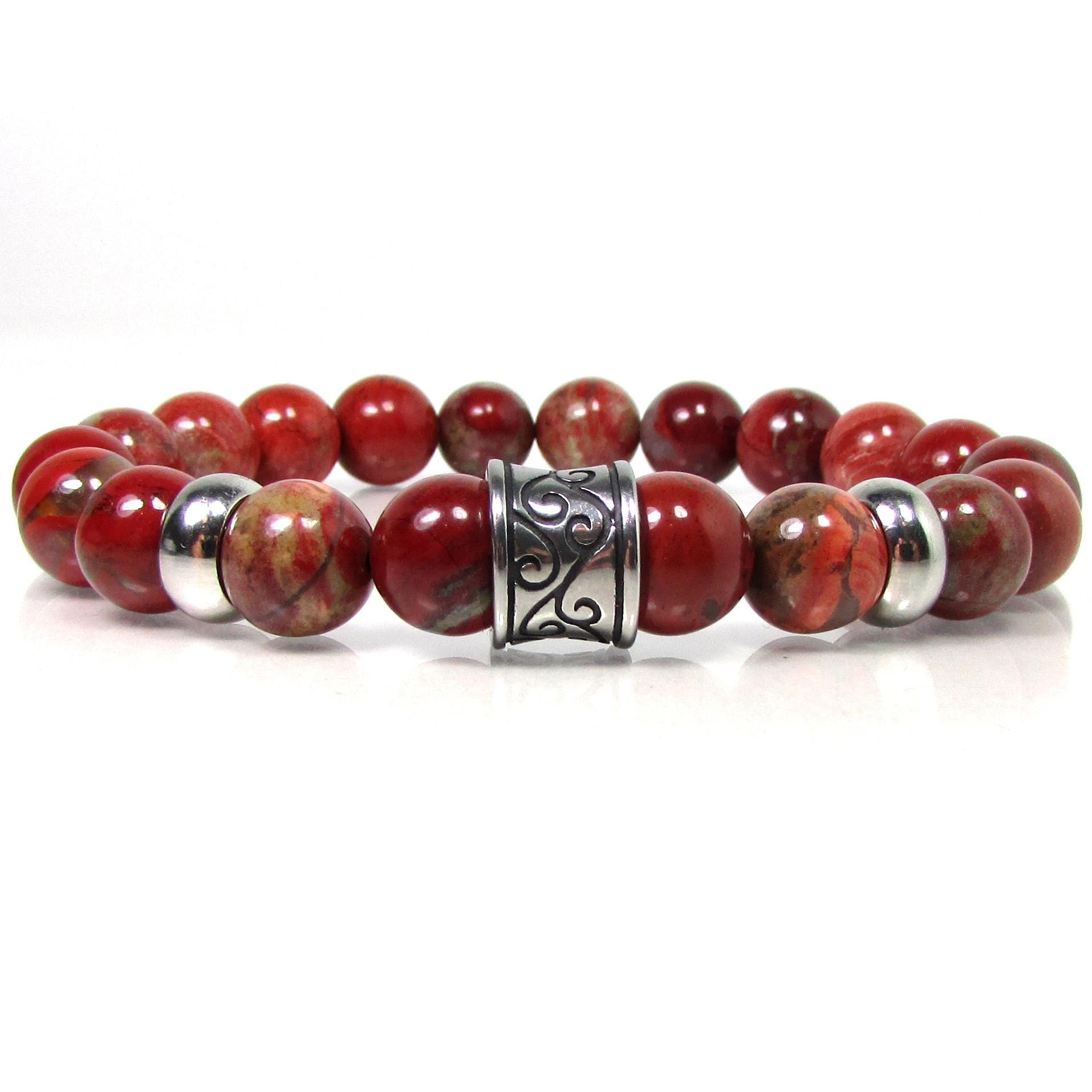 Red Jasper Mens Bracelet With Stainless Steel, Gift For Men, Natural Gemstone Bracelet For Men, Mens Beaded Bracelet