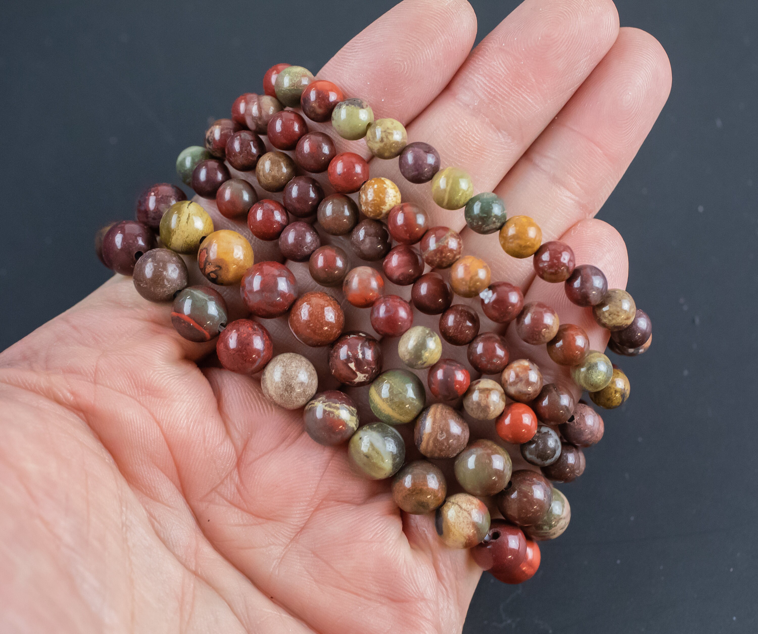 Red Jasper Bracelet Round Size 6mm And 8mm- Fossil Beads Handmade In Usa Natural Gemstone Bracelets - Handmade Jewelry - Approx. 7"