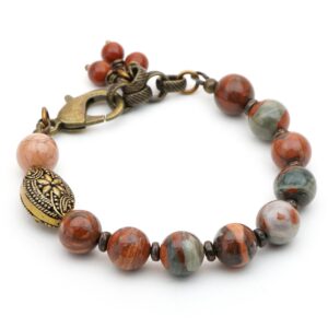 Red Jasper Bracelet, Stone Beads, Brass Tone Large Lobster Claw Clasp, Adjustable, Fits 6 To 6 3/4 Inch Wrist