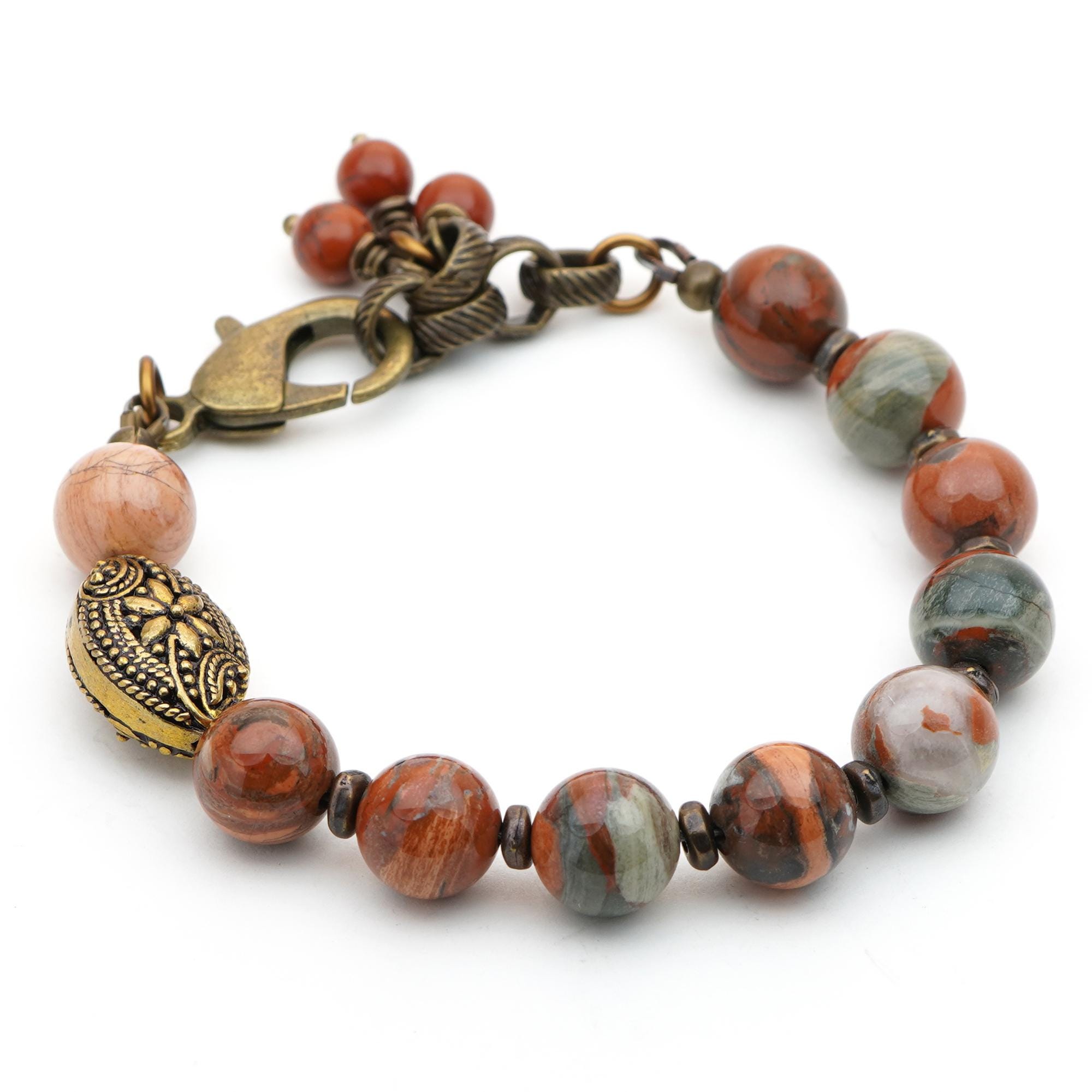 Red Jasper Bracelet, Stone Beads, Brass Tone Large Lobster Claw Clasp, Adjustable, Fits 6 To 6 3/4 Inch Wrist
